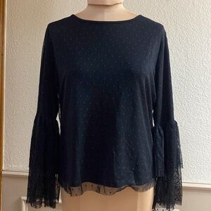 ANTHROPOLOGIE Pebble and stone black Swiss dot lace bell sleeve blouse‎